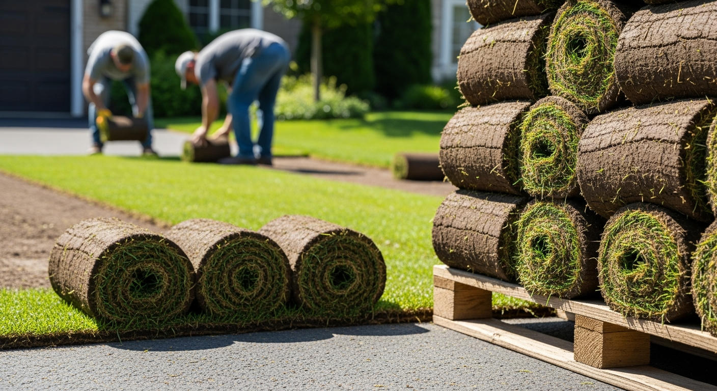 Crew installing fresh sod rolls on a residential lawn